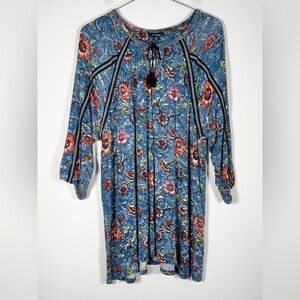Lucky Brand Women’s Size 3X Blue Floral Boho Tassel Tie Detail Top